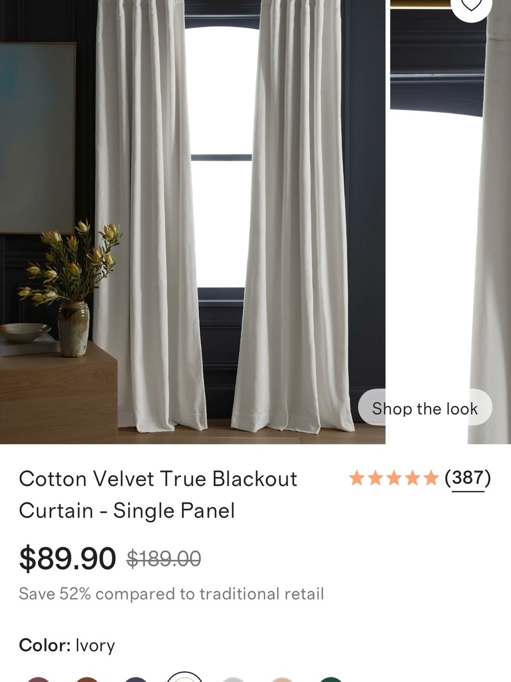 Quince Ivory Cotton Velvet Blackout Curtain Panel